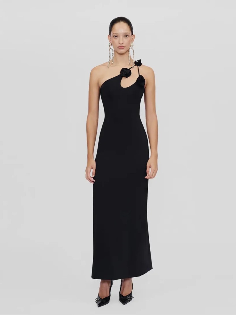 Maygel Coronel Celosia Rosette Strappy One Shoulder Maxi Dress Gown Black